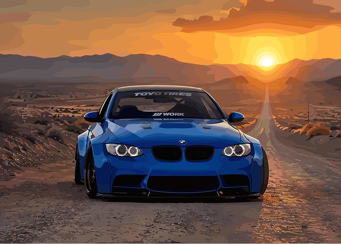 Blue BMW M3 Sunset Desert Drive