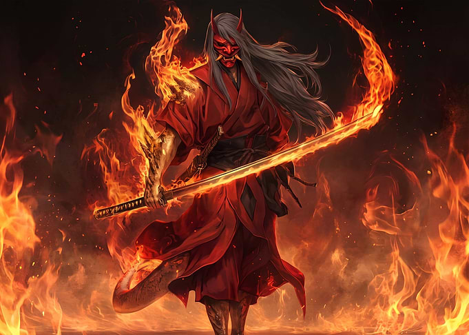 Oni Samurai Warrior in Flames