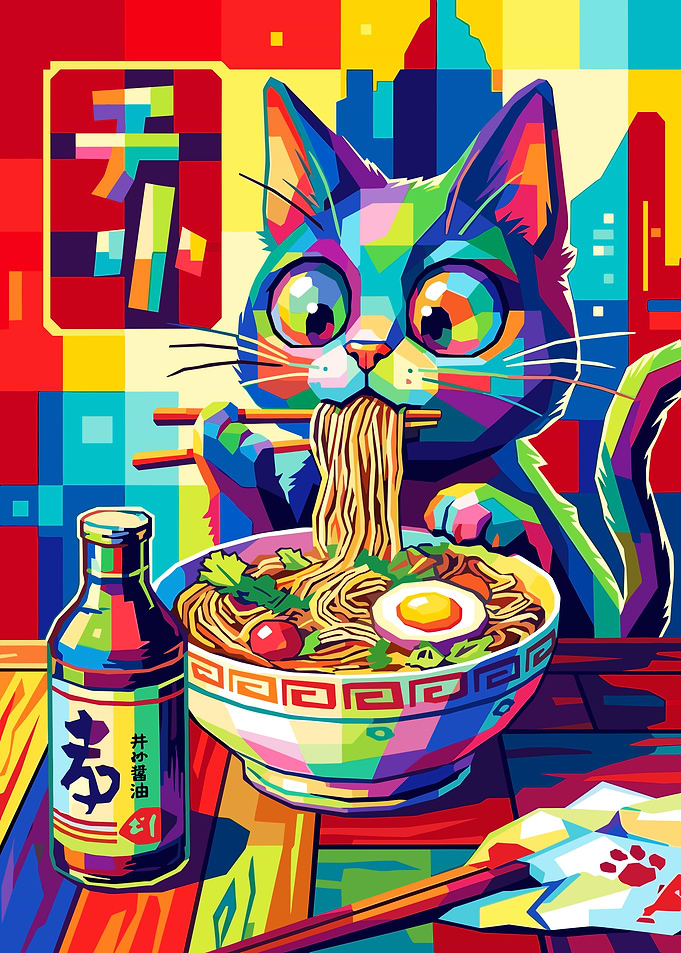 Colorful Pop Art Cat Eating Ramen