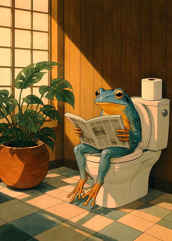 Frog Reading Newspaper on Toilet