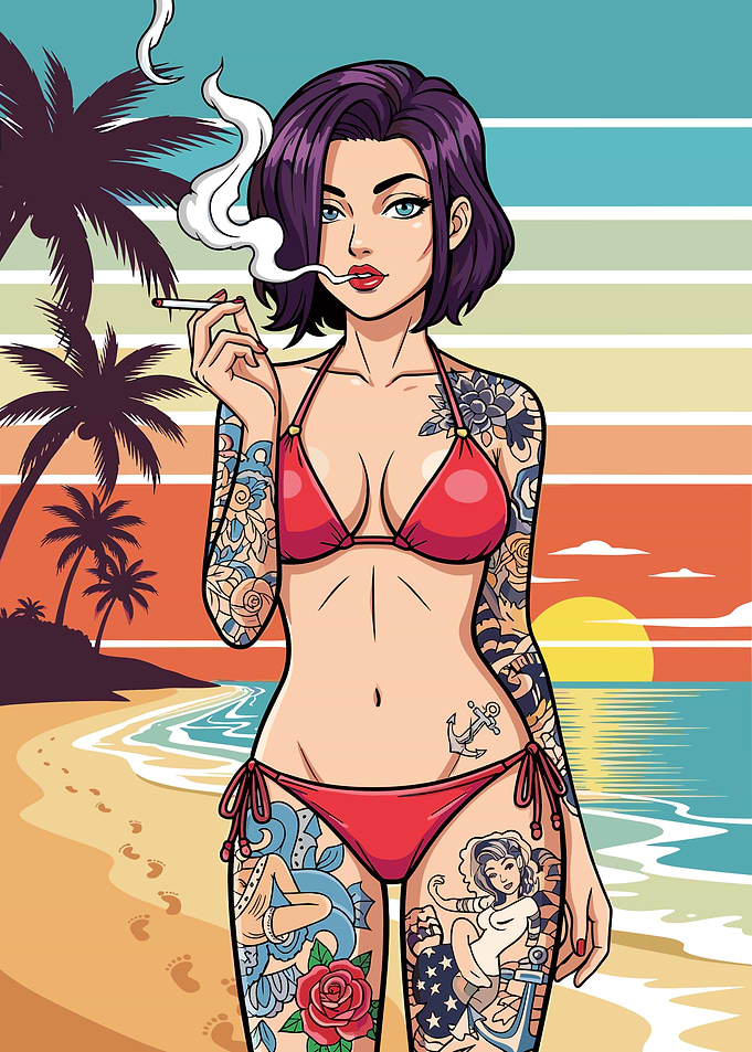 Tattooed Woman Smoking on Tropical Beach