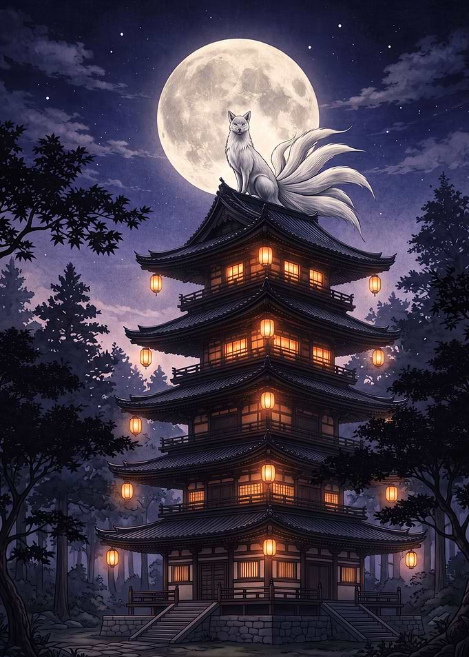 Nine-Tailed Fox on Japanese Pagoda