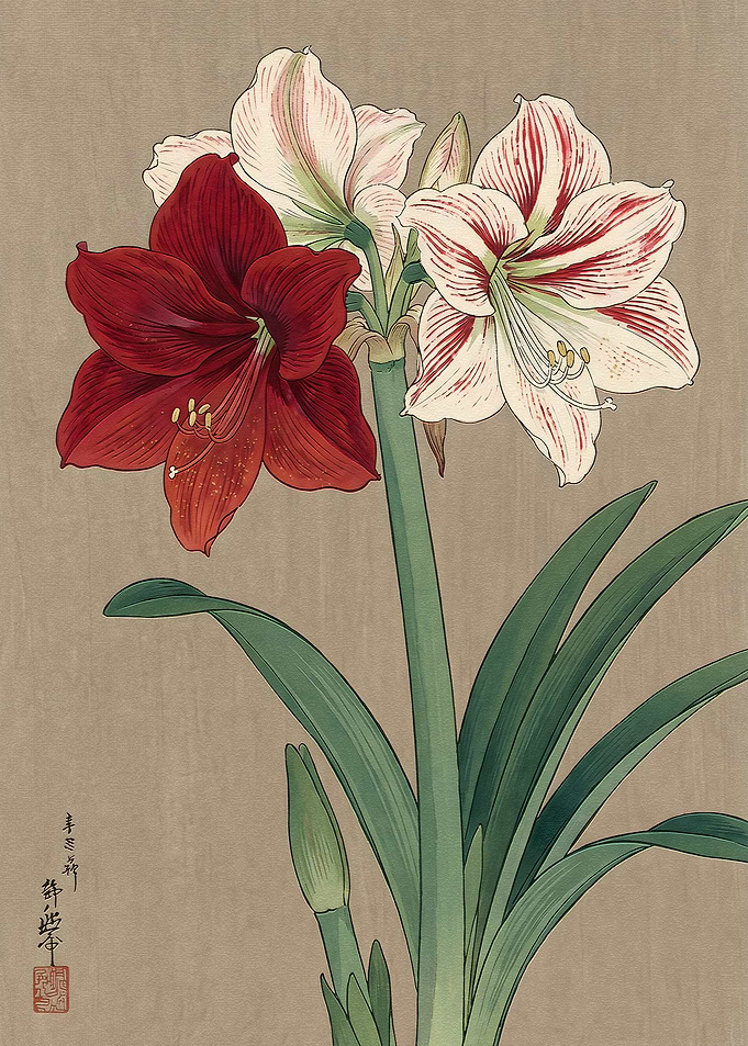 Traditional Japanese Style Amaryllis Illustration