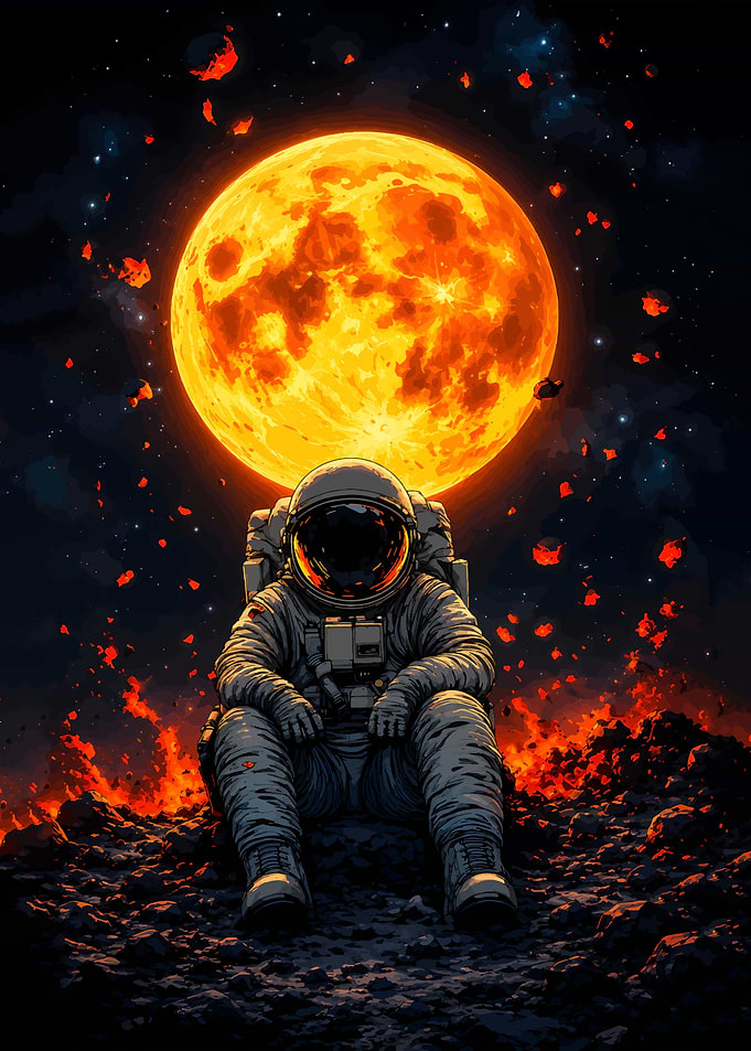 Astronaut Sitting Before Fiery Moon