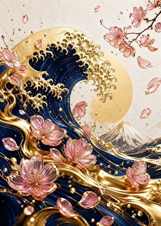 Golden Wave and Cherry Blossoms Art