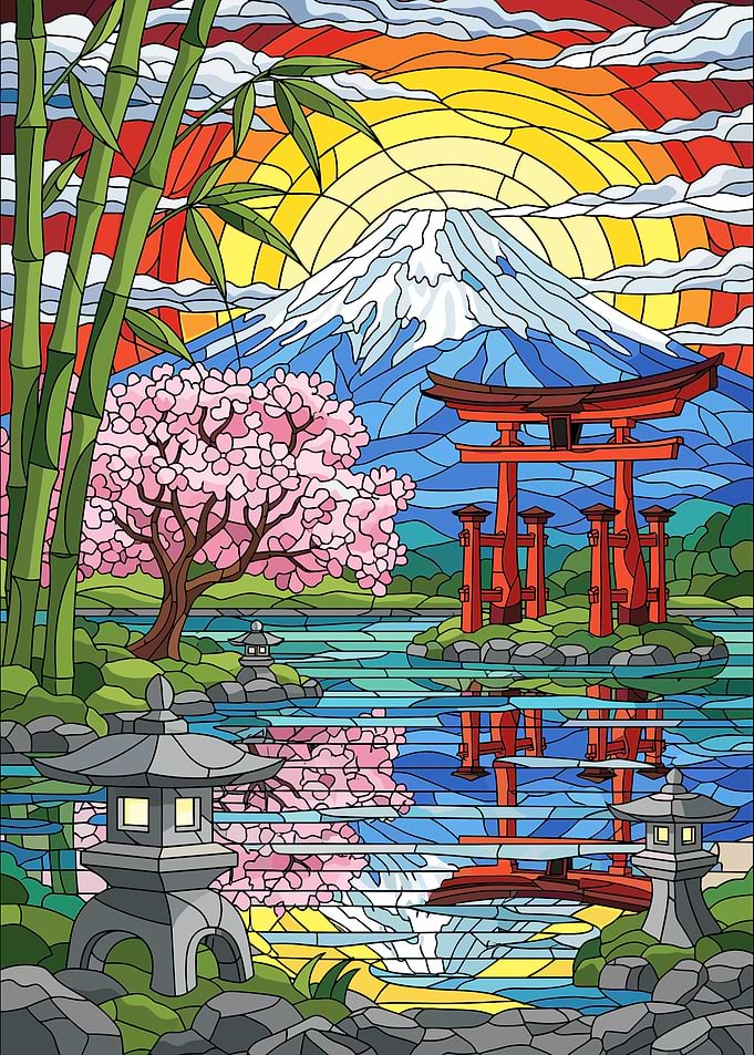 Stained Glass Mount Fuji Landscape