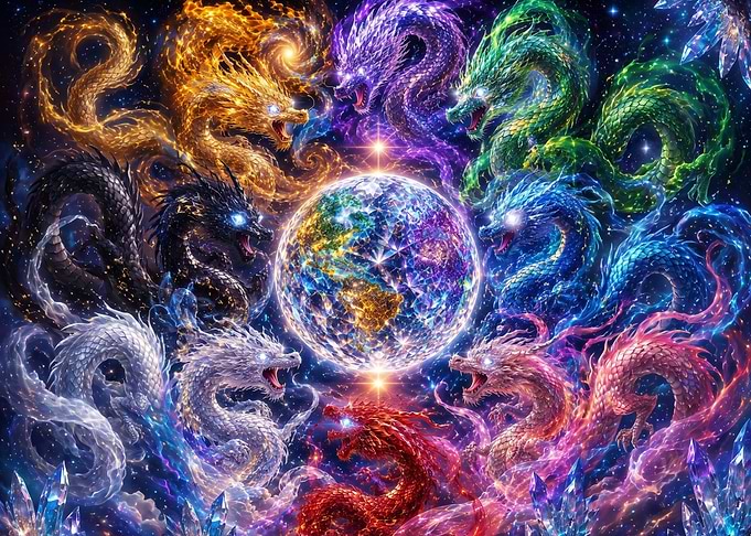 Cosmic Dragons Surrounding Radiant Earth