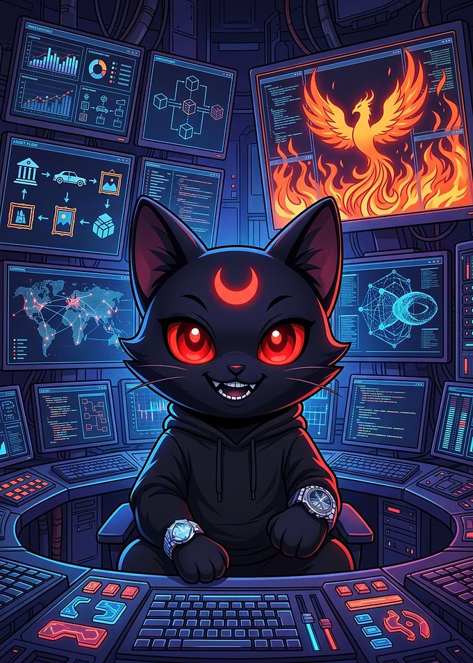 Cyberpunk Hacker Cat at Command Center