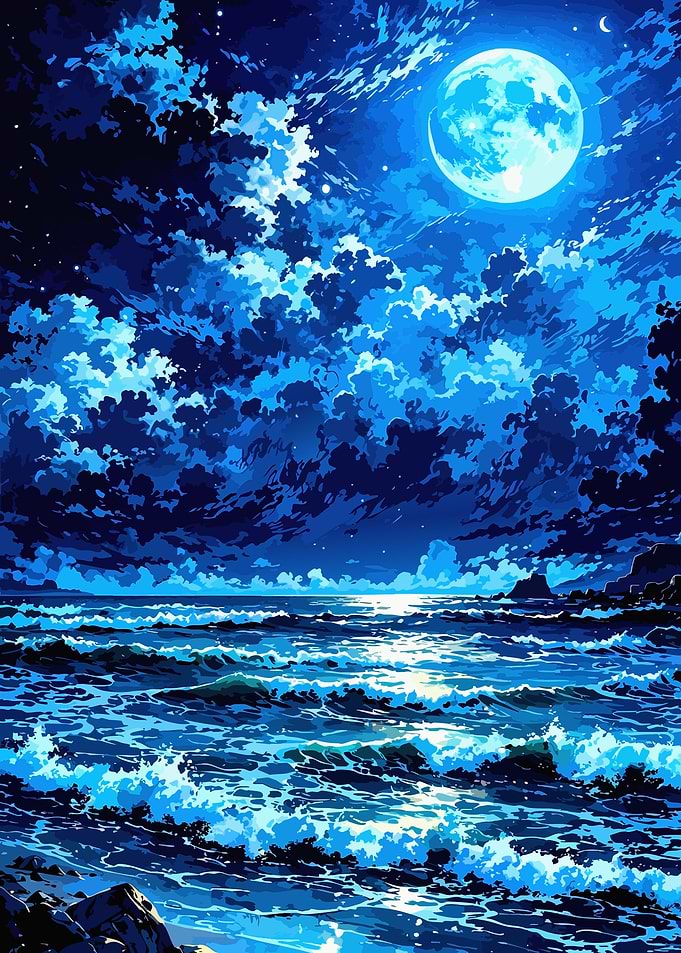 Full Moon Over Blue Ocean