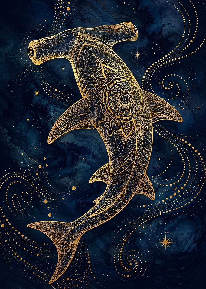 Golden Mandala Hammerhead Shark Art