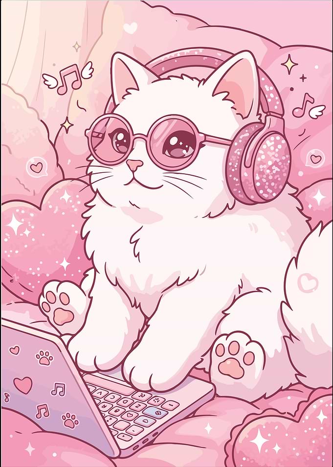 Cute White Cat Gaming Setup