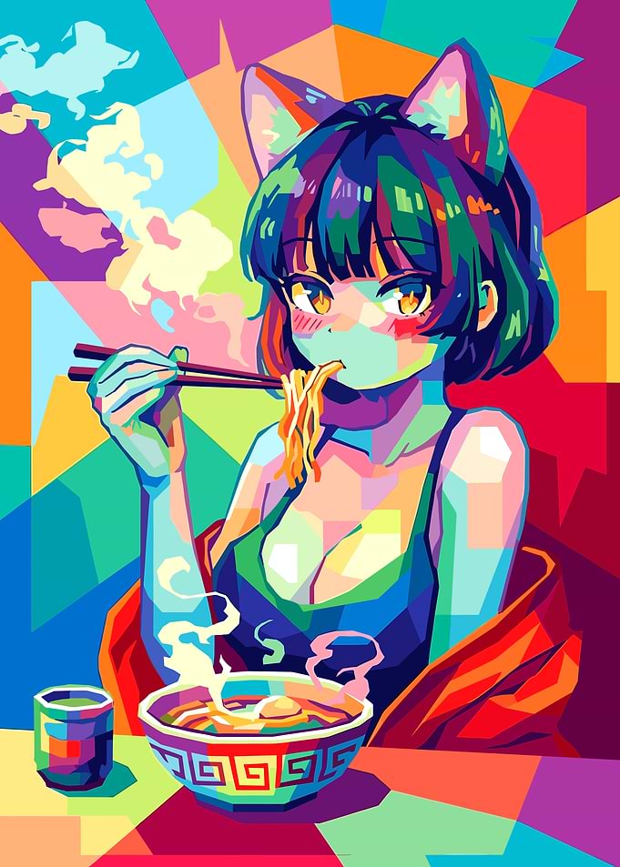 Anime Cat Girl Eating Ramen Pop Art