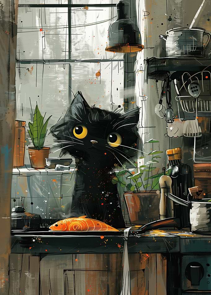 Black Cat Watching Fish in Kitchen