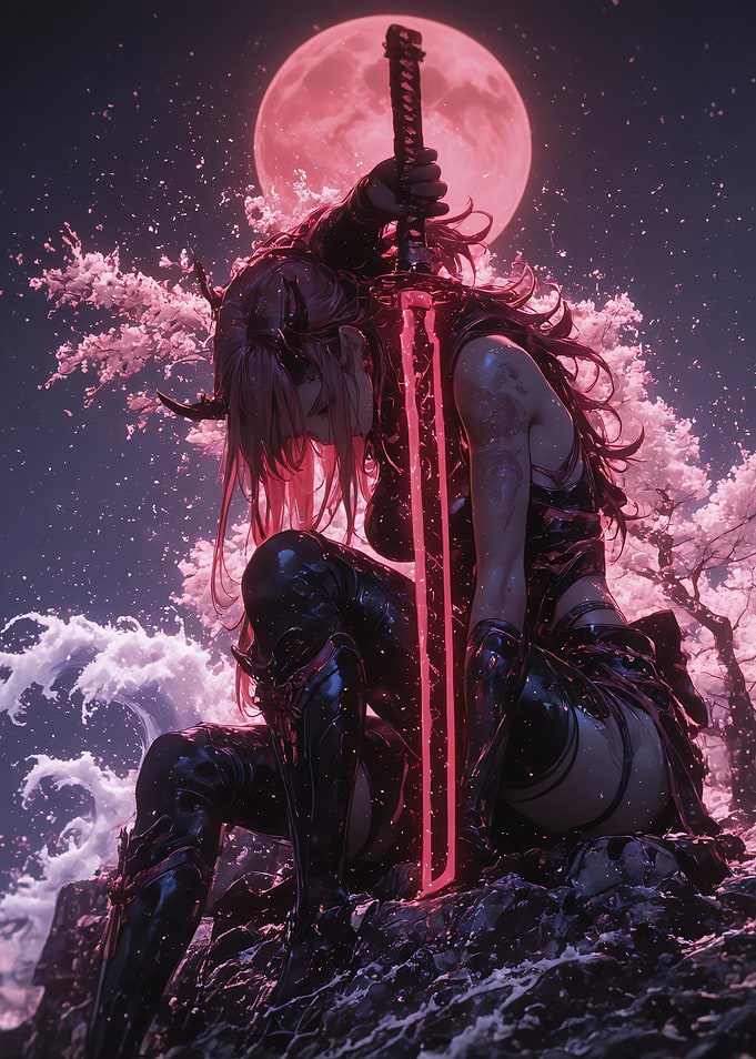 Warrior with Cherry Blossom Tree and a Wave