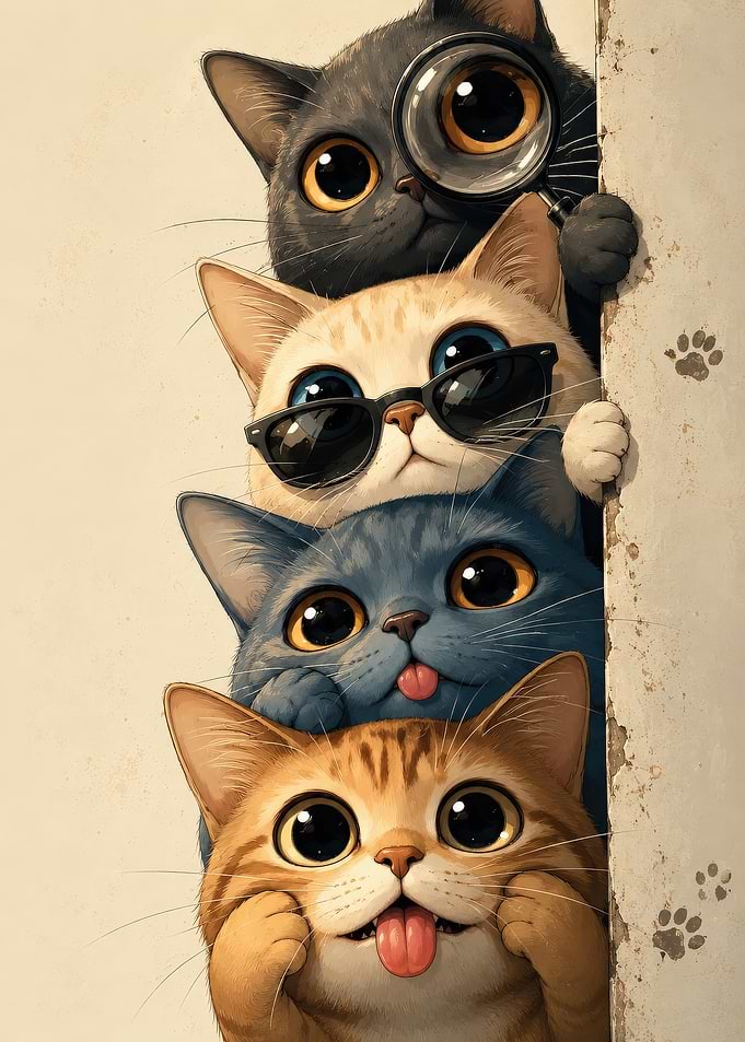 Four Cute Cats Peeking Around Corner