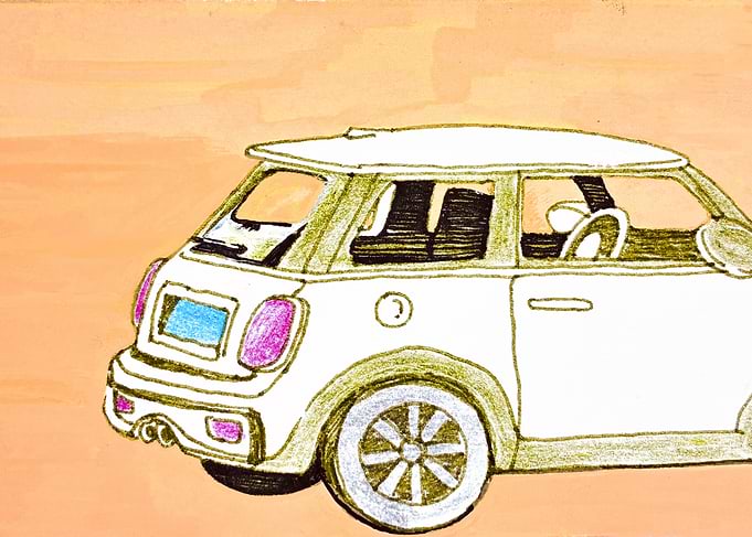 Hand-drawn sketch of a Mini Cooper