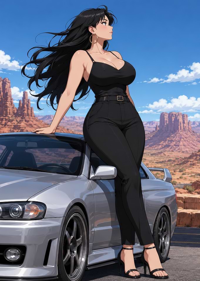 Anime Girl Leaning on Sports Car