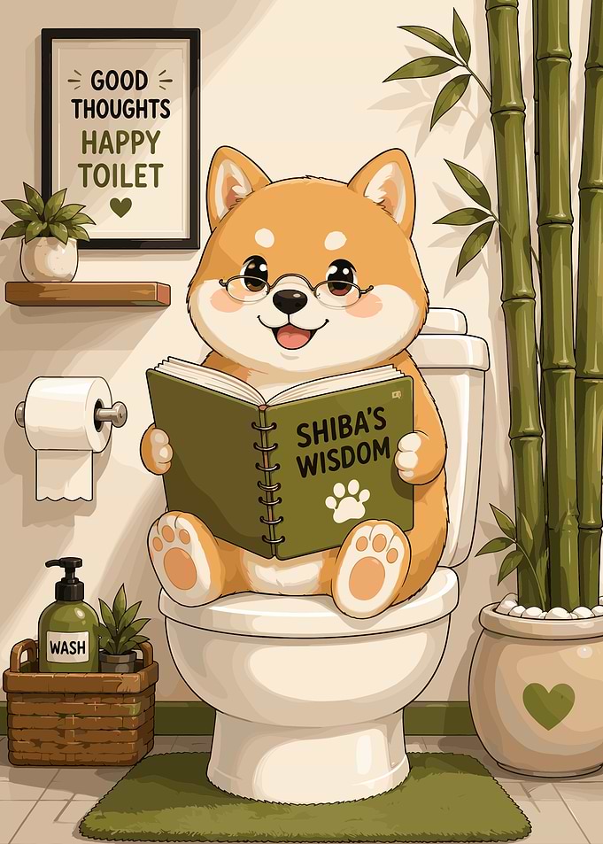 Cute Shiba Inu Reading on Toilet