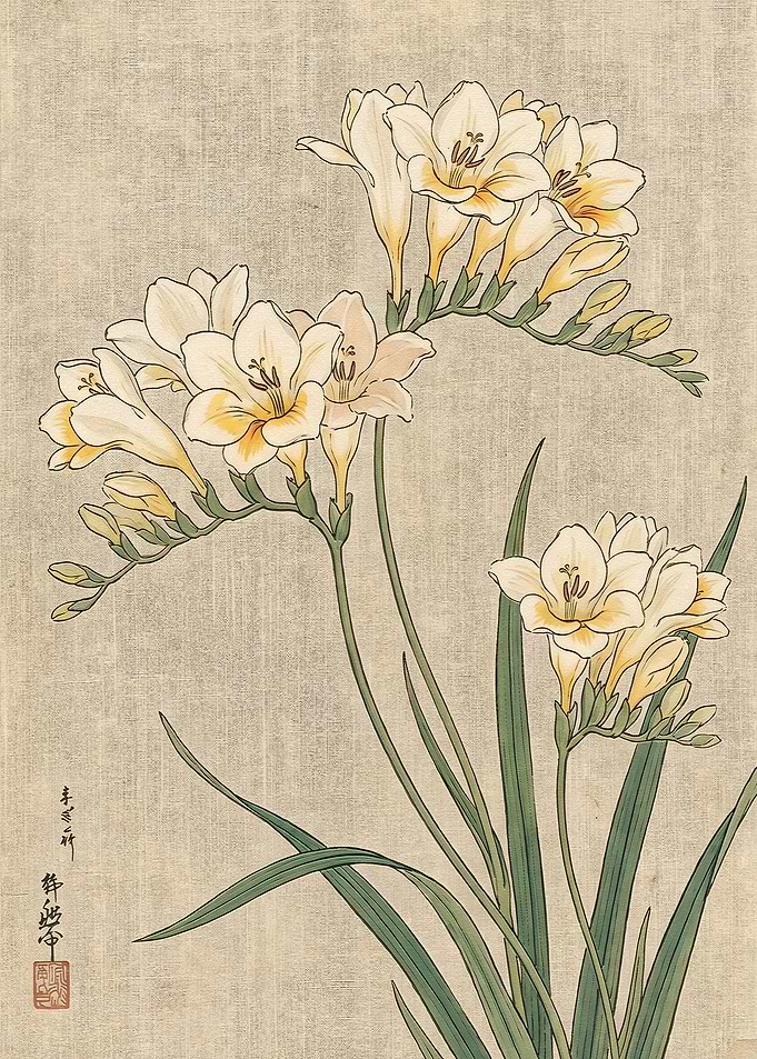 Vintage Japanese Freesia Botanical Illustration