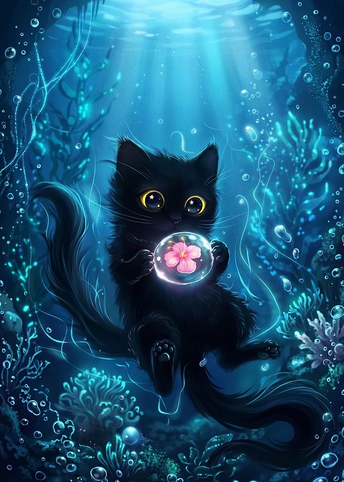 Cute Black Kitten Underwater