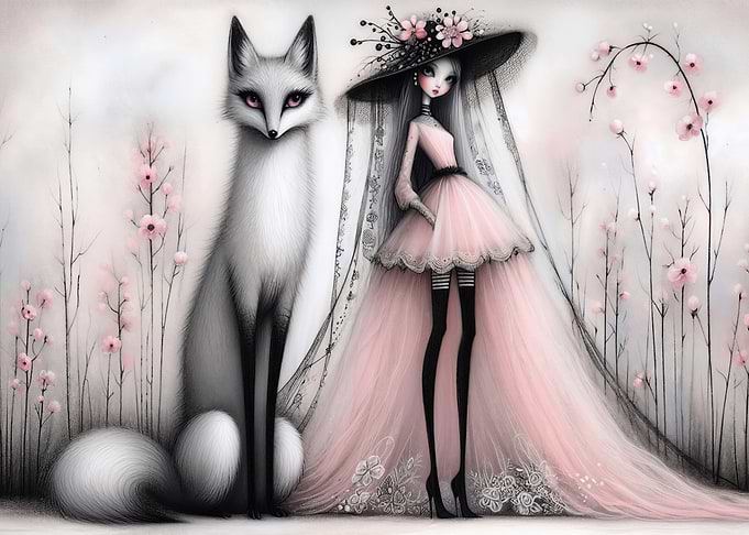 Whimsical Fox Lady with Pink Flowers