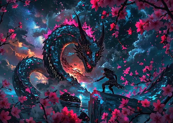 Warrior Facing a Neon Dragon