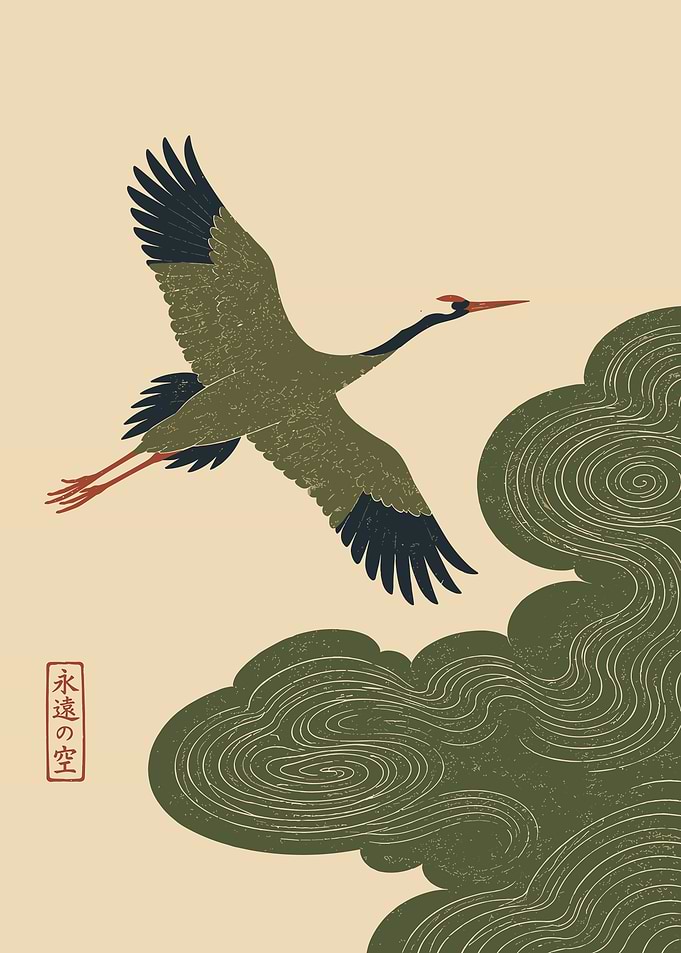 Japanese Crane in Flight Minimalist Wall Art Vintage Zen Japanese Poster