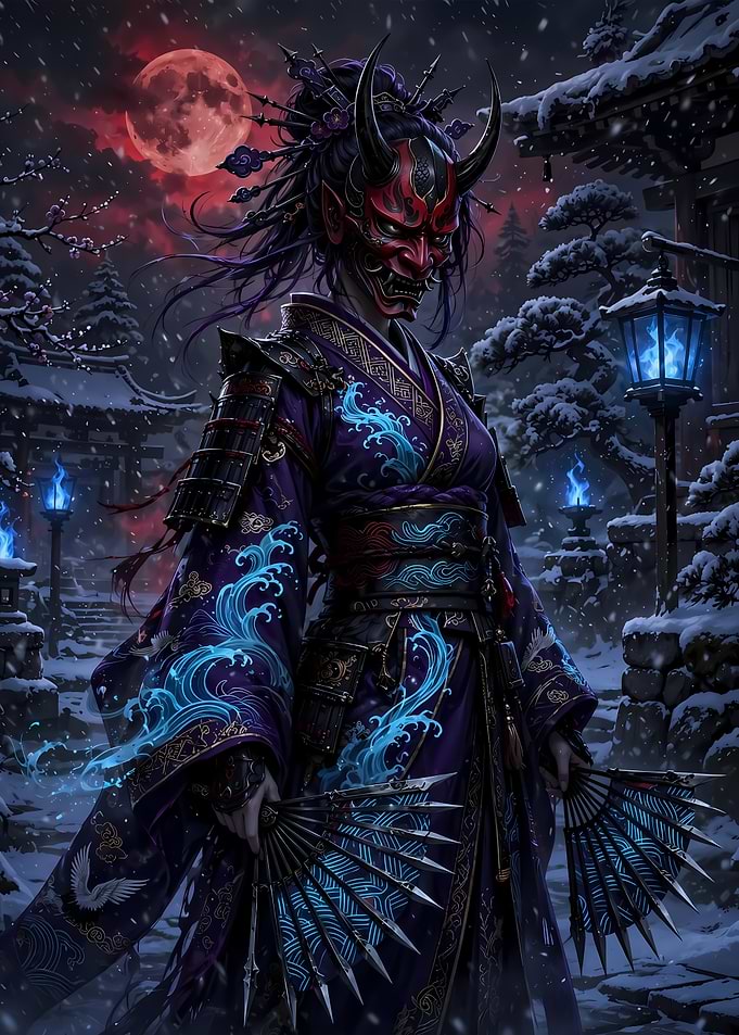 Oni Mask Samurai in Snowy Night