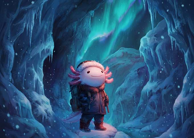 Cute Axolotl Explorer in Ice Cave