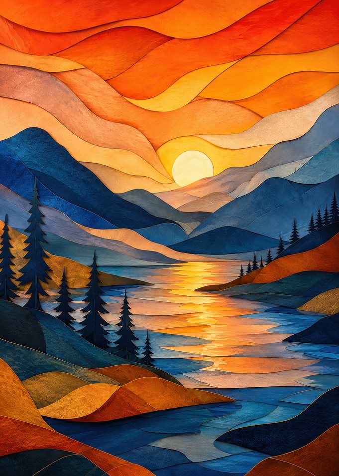 Abstract Layered Mountain Sunset Landscape