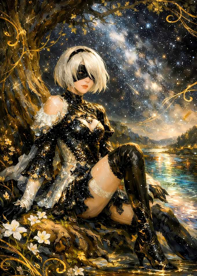 2B from NieR: Automata under stars