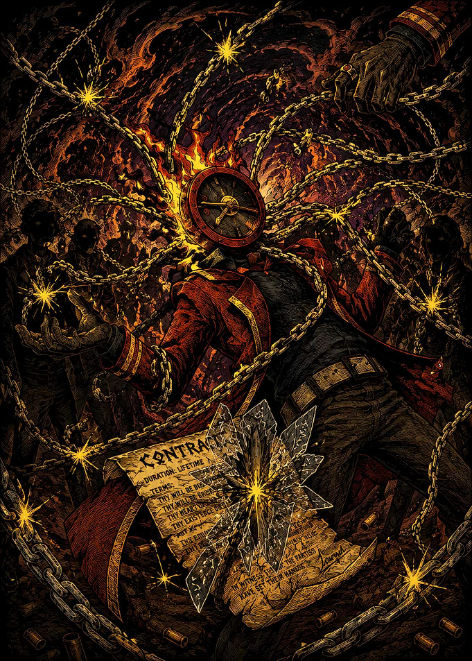 Clock-Headed Figure Bound by Chains