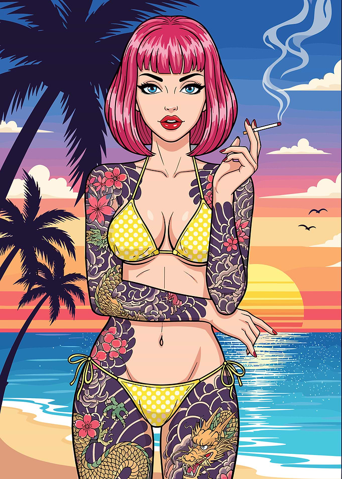 Tattooed Woman in Bikini at Sunset