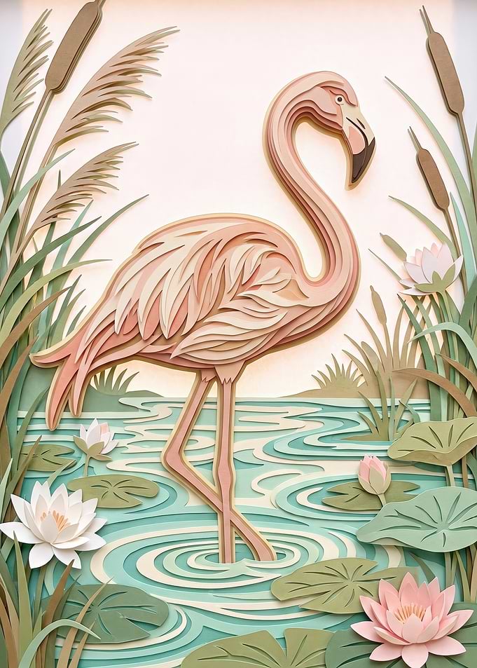 Layered Paper Art Flamingo Scene
