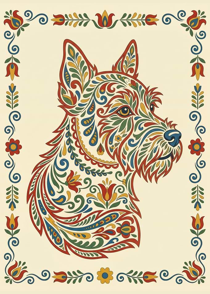 Traditional Kurbits Art Schnauzer Dog Portrait