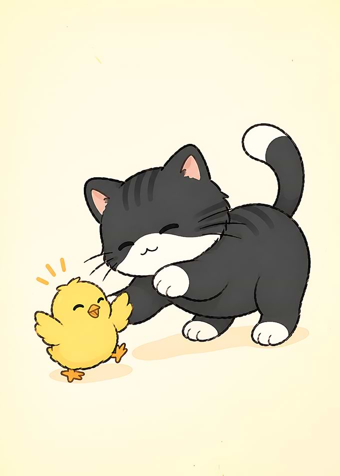 Cat Playing with Chick