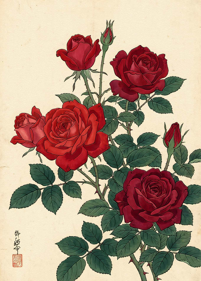 Traditional Japanese Style Red Rose Illustration