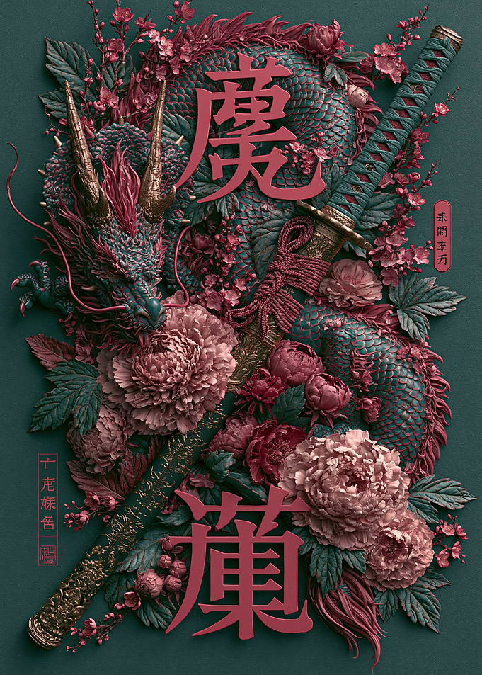 Dragon and Katana Floral Art