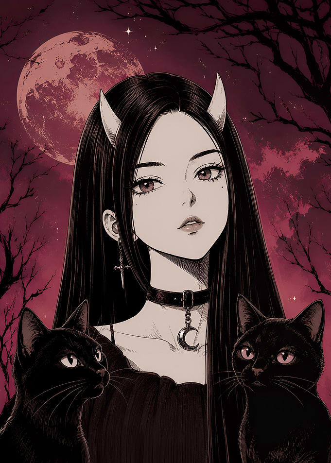 Anime Girl with Black Cats