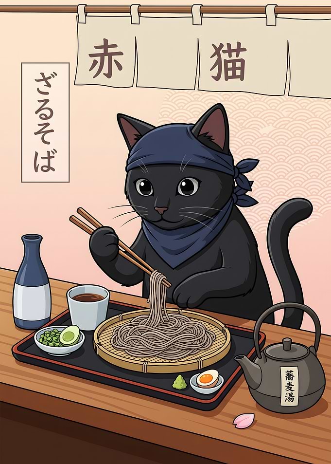 Black Cat Eating Soba Noodles