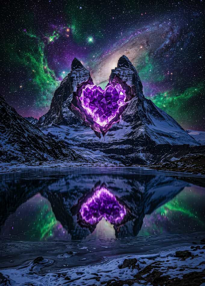 Glowing Amethyst Heart Mountain Landscape