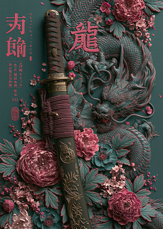 Katana Sword with Dragon and Peonies