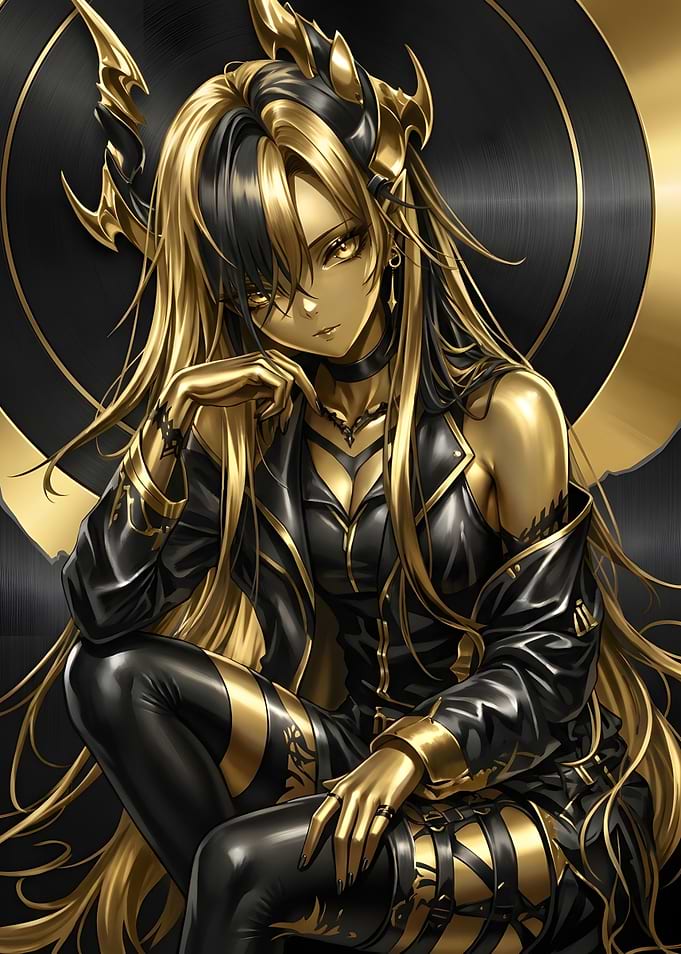 Golden Anime Girl in Black Outfit