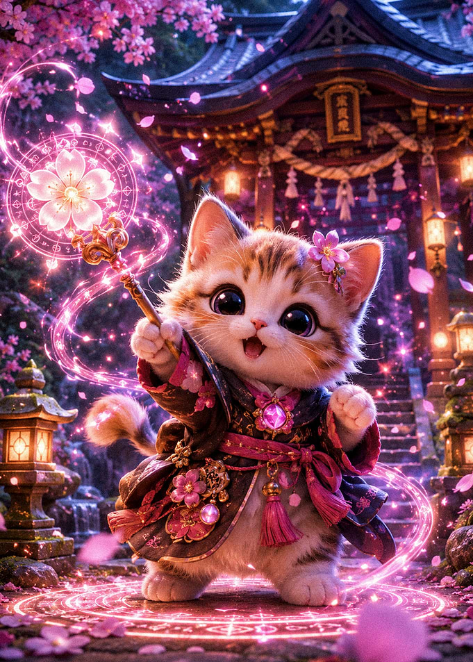 Magical Kitten in Traditional Japanese Attire