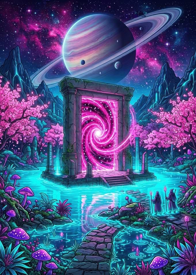 Neon Fantasy Portal in Cosmic Landscape