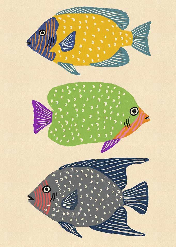 Three Colorful Stylized Tropical Fish