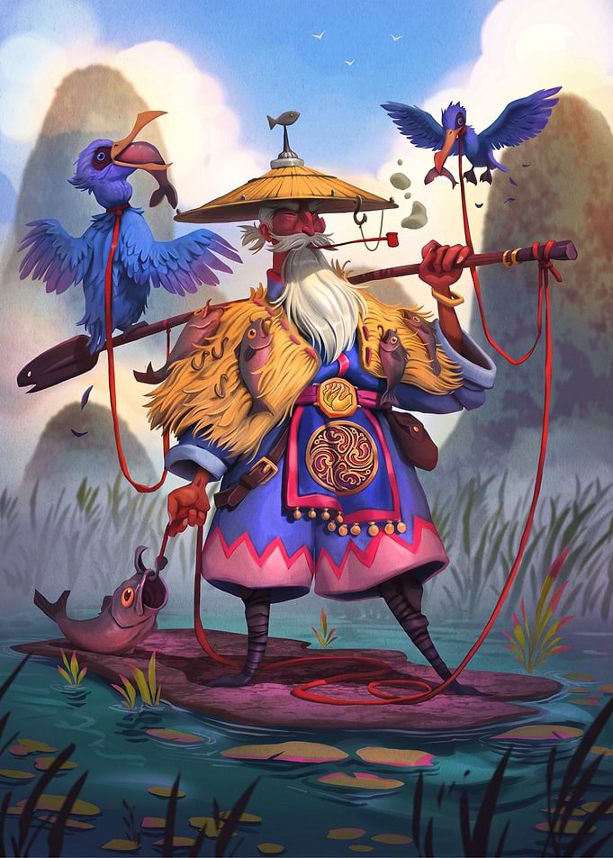 Cormorant Fisherman with Blue Birds