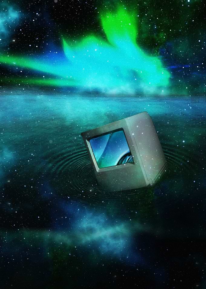 Surreal CRT Monitor in Cosmic Waters