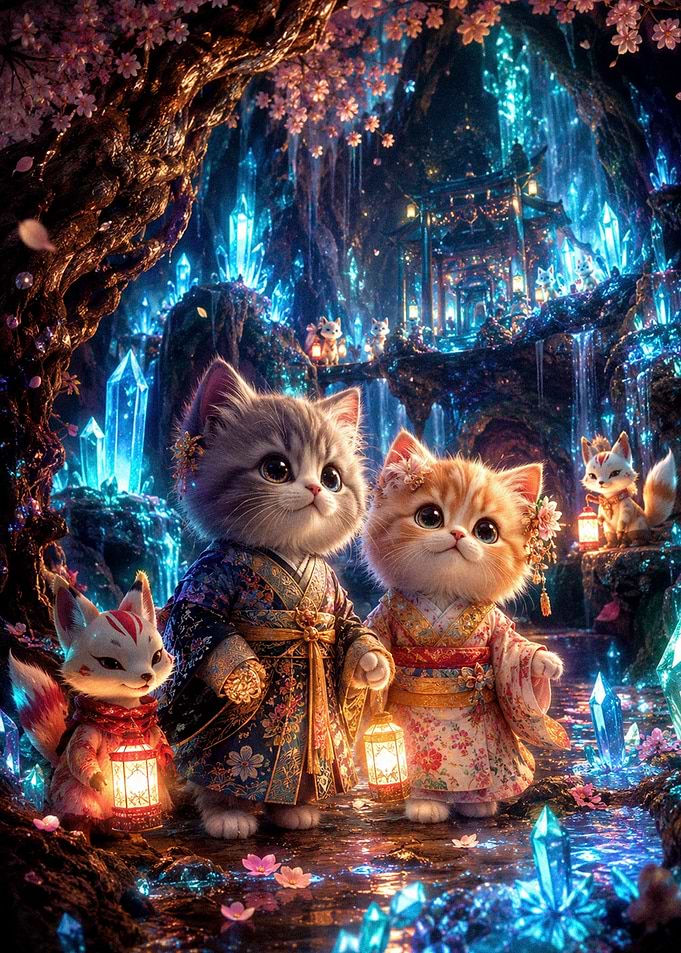 Kittens in Enchanted Crystal Forest
