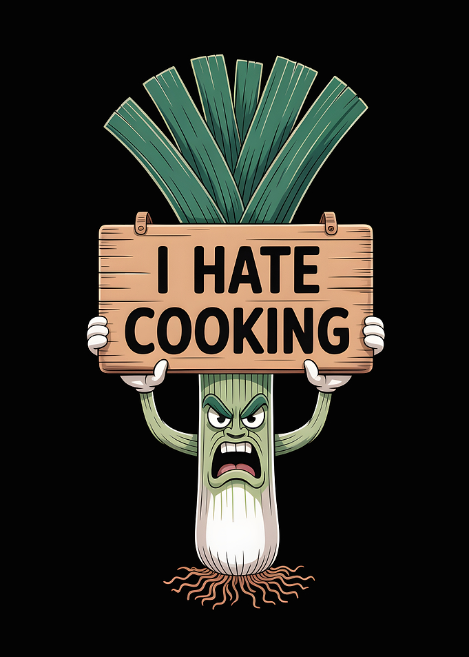 Angry Leek Holding I Hate Cooking Sign